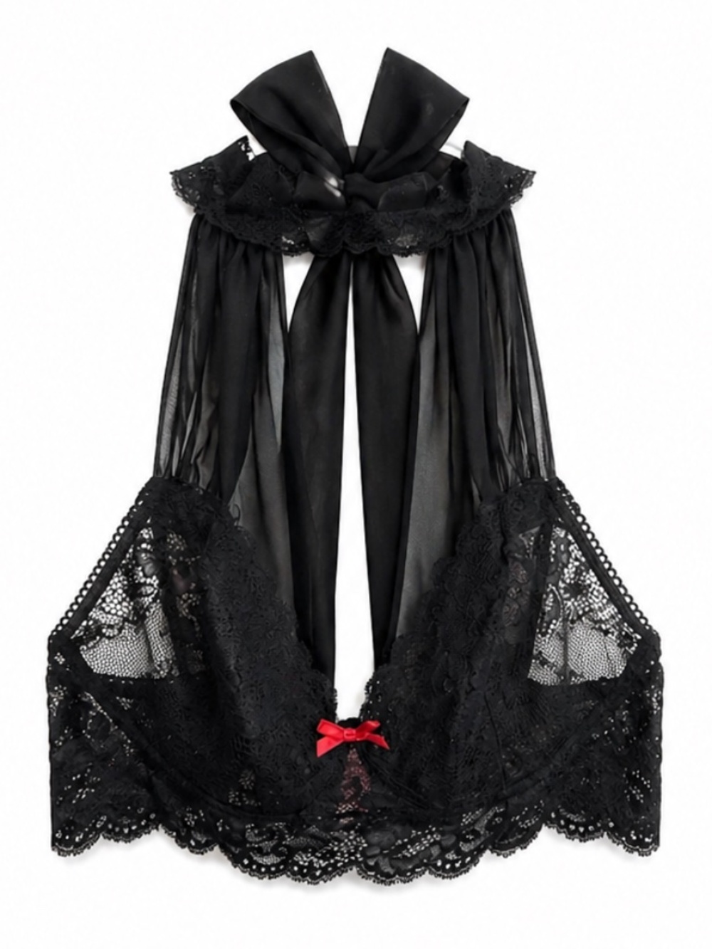 La Vie En Rose Black Lace Choker Tie Halter Bralette with Red Bow – Size S/M EUC